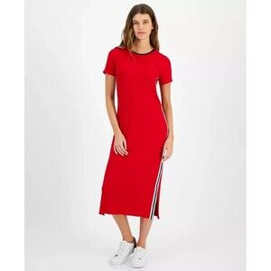 Tommy Hilfiger Women's Contrast-Stripe Ribbed Knit Midi Dress Red Blue White S